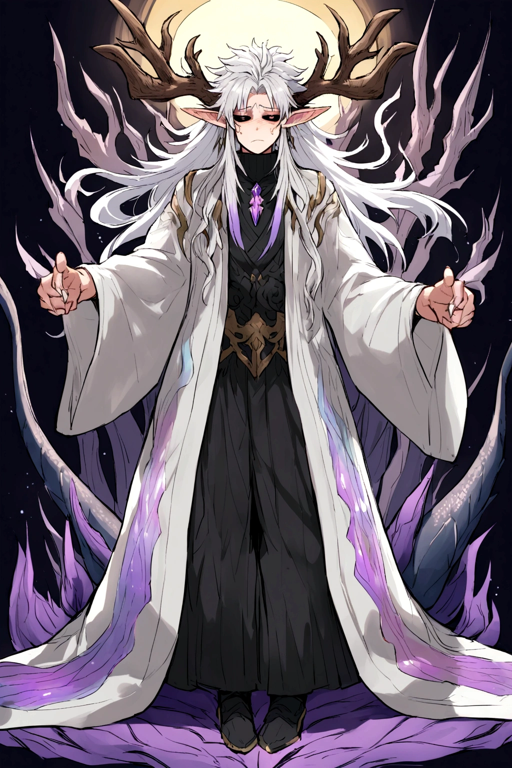 solo, male , character fusion, nidhogg fused with odin and sun wukong, tall tanned man with wild unruly white hair, bangs on face, bangs, ((iridescent irises)), black sclera on eyes, long voluminous hair, spiky hair, pointy ears, fit , clawed fingers, dragon tail, open haori, turtleneck tanktop, dark crystal antlers, exhausted expression, khaenr'ah abyss, draconic person, calamity incarnate, full body