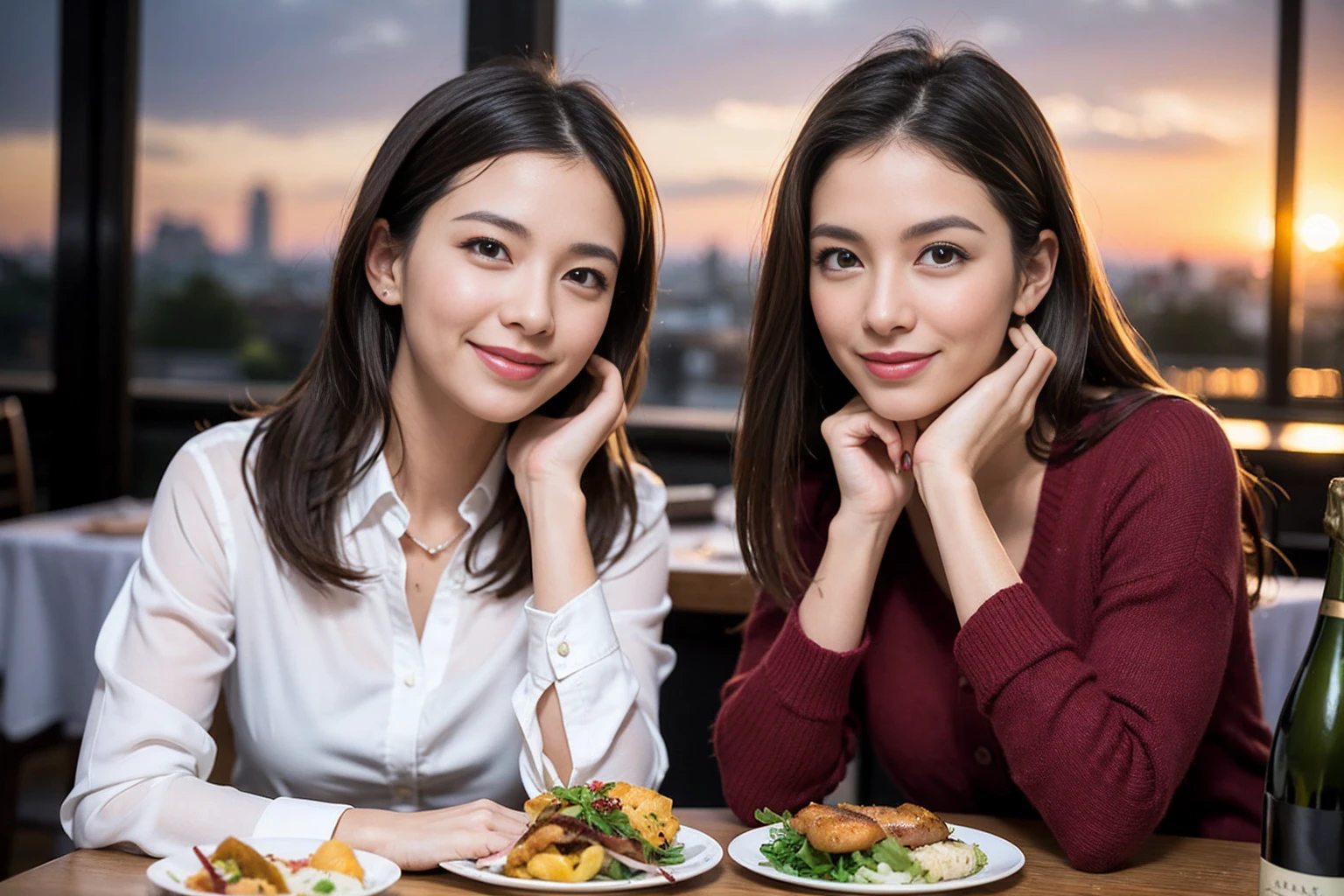 ((Highest quality、8K、masterpiece:1.3))、1 male、1 female、spouse、Beautiful couple、smile、full-course dinner、 (Slim face), (the body is ス??), (Brown Hair), (Shortcuts), ((Bob Hale、Straight hair:1.2)), テーブルの上のwine glass、Put the light on your face、 Amazing view of the sunset sky and clouds、smileの美しさ、Bright image、Blushing, Shortcuts, (Age 35), 39 years old, Appetizers、Italian food、Wine bottle、Champagne、sparkling wine、Long sleeve shirt、dress、Attractive beauty、restaurant, Nova Frog Style, actress, model, Upper Body, White wine, red wine, wine glass, 