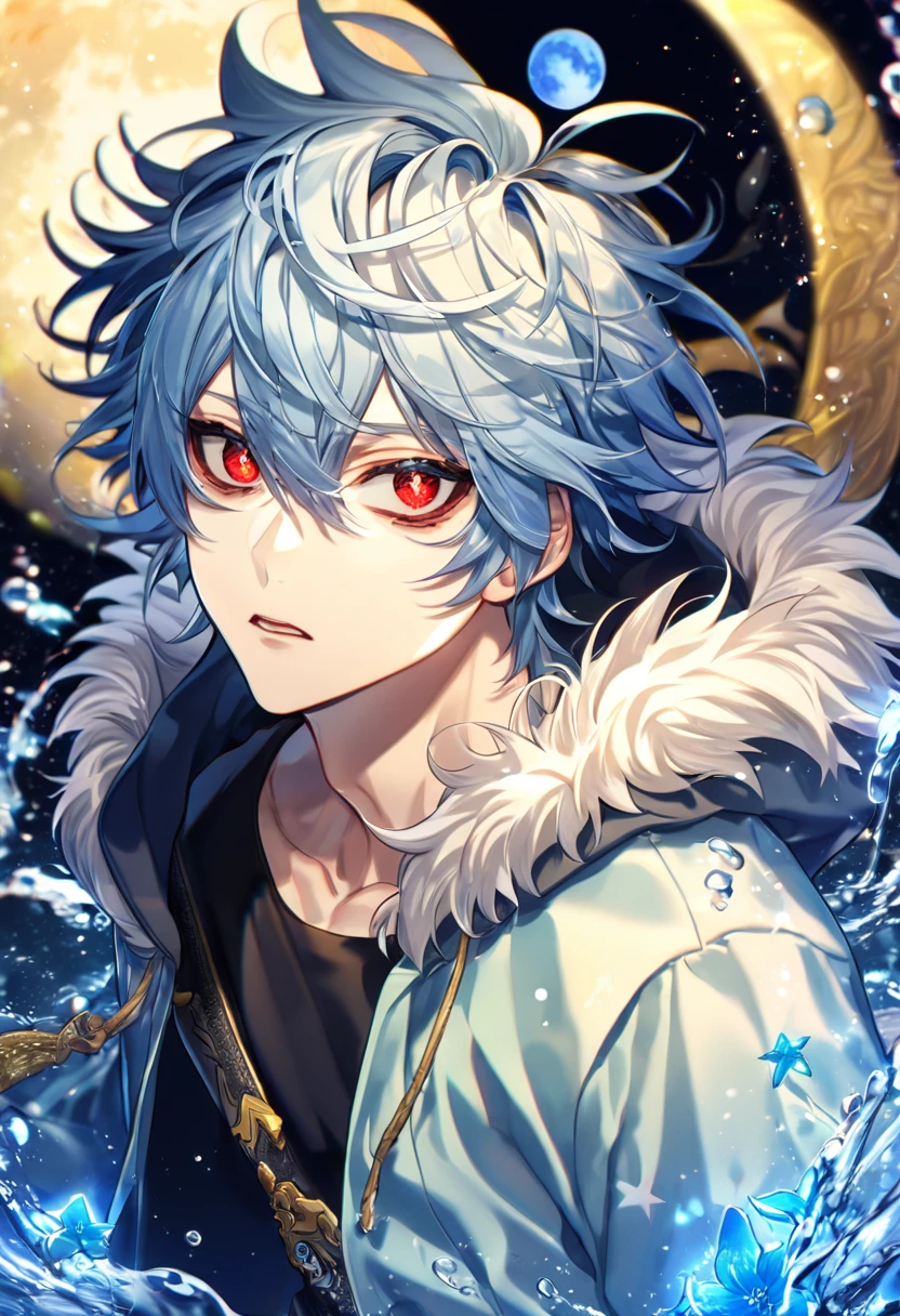 absurdres, highres, ultra detailed, HDR, master piece, best quality, Kuro, light-blue hair, messy hair, expressive red eyes, black bags under the eyes, Servamp, solo, sexy man, handsome, light blue hooded jacket with fur, black T-shirt, water, fantasy, shining, blue flowers, blue moon, starry, blue fireflies