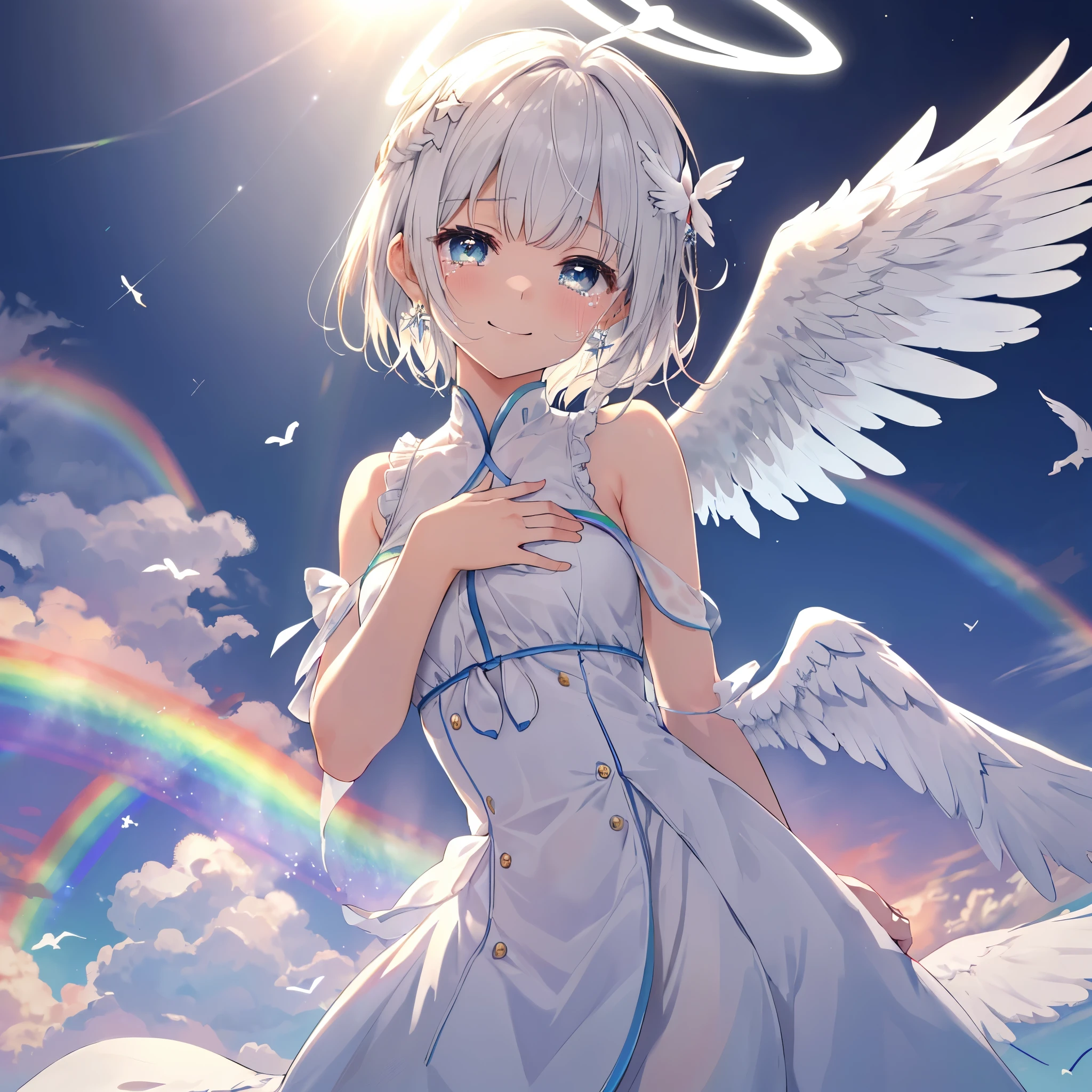 (((Extreme close-up　tears　smile　Low - Angle　Dove of peace　Angel Halo)))　((輝くtears　Rainbow Eyes　Short Hair　Receiving the light　Rainbow light　Place your hand on your chest　Aurora　Stretch your hand out towards me))　(Shining Edge　　Pillar of Light)