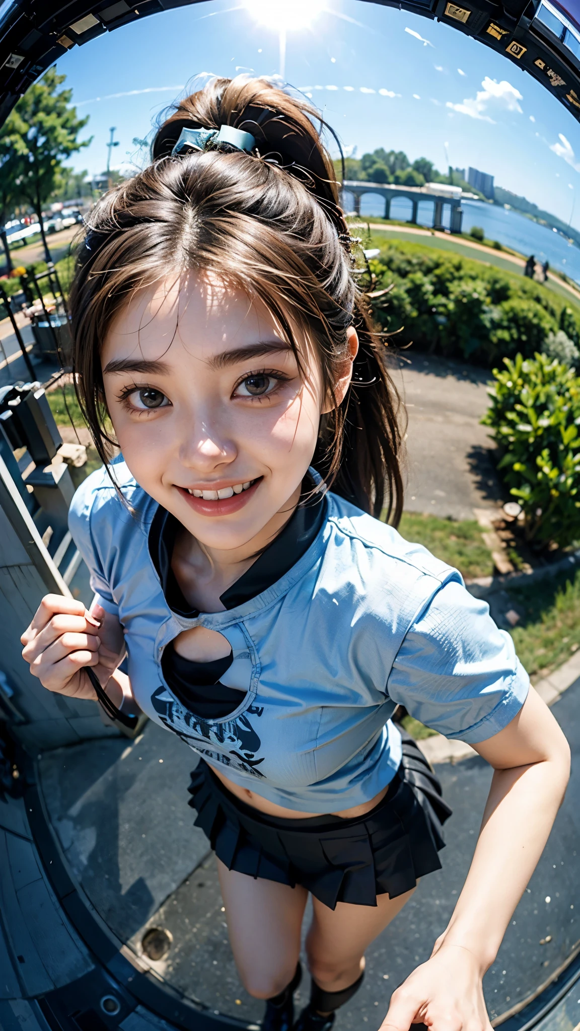 Highest quality, masterpiece, Ultra-high resolution,8K, (Realistic:1.6), (Facing portraits) RAW Photos, 1 Girl,(Full of smiles, Showing teeth)), 22 years old,((Korean Idol Karina Fashion)),((Miniskirt uniform and undershorts)),((Ponytail Hair)),((Black hair fluttering in the wind)),((Looking up at the audience)),Face Focus:1.4,((Photographed from above with a fisheye lens:1.4)),((Background of airplane trails shining against the blue sky)), Image Media Chest)),((Smiling with teeth showing)),