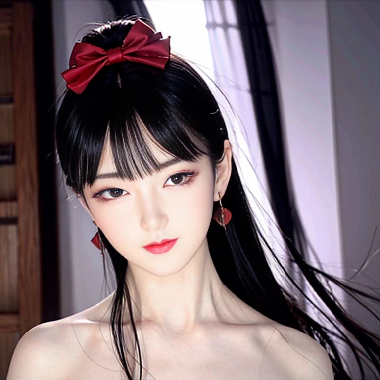 tsuruta ichiro, Narrow-eyed, 1girl in, Allback、deadpan、short-hair、shorth hair、brow、Reluctance、A dark-haired、Tucked Hair Solo, Cowgirl, Onepiece, ((mideum breasts)), Thin slit eyes、Black eyes, Light shines on the eyes、Black hair, gloves, Dress, Luxurious Jewelry, earrings, sharp eye、 elbow groves,Raise your hands and tie your hair back, random color, random color dress, Makeup for long eyes, Slender eyes、lip stick, Complex petal pattern, Rim Light, Back Light, pastel color,Studio Lighting