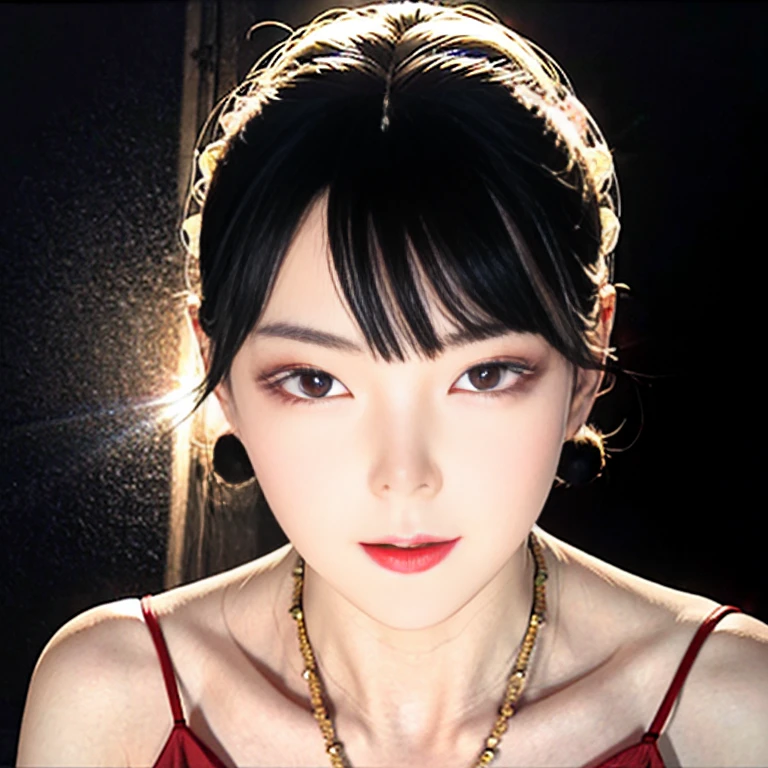 tsuruta ichiro, Narrow-eyed, 1girl in, Allback、deadpan、short-hair、shorth hair、brow、Reluctance、A dark-haired、Tucked Hair Solo, Cowgirl, Onepiece, ((mideum breasts)), Thin slit eyes、Black eyes, Light shines on the eyes、Black hair, gloves, Dress, Luxurious Jewelry, earrings, sharp eye、 elbow groves,Raise your hands and tie your hair back, random color, random color dress, Makeup for long eyes, Slender eyes、lip stick, Complex petal pattern, Rim Light, Back Light, pastel color,Studio Lighting