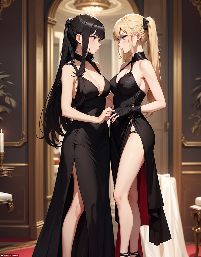 Two adult girls, a woman has two pigtails falling over her shoulders, decorated with black ribbons, SHE HAS BLONDE HAIR, blue eyes and a very elegant and very long black dress for a gala dinner with a cut that allows her to show her leg, wears beautiful evening makeup, along with another adult and taller girl, Has loose black hair with straight bangs, black eyes and dressed in a stunning red ball gown, dancing together in the middle of a gala dinner, the intense red of the black-haired girl, stand out from the crowd