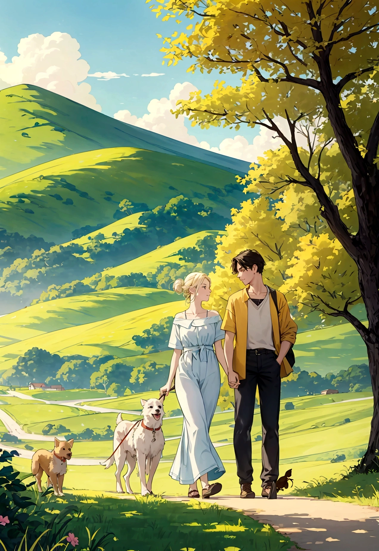 Painting of a serene scene of a couple walking along with their dog in a picturesque rural landscape on a bright summer day. The artwork should be done in a detailed fantasy digital painting style, capturing the warmth and tranquility of the countryside. Use vibrant, warm colors like lush greens, sunny yellows, and soft blues to evoke a sense of peace and contentment. The couple should be depicted in casual, relaxed attire, enjoying their walk, while their dog happily trots alongside them.