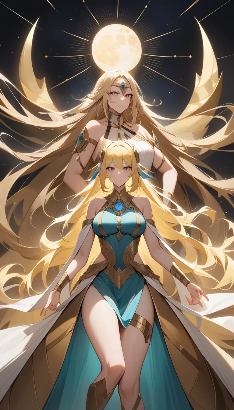 (Huang Li、high quality、Extremely detailed),Constellation - Gemini Goddess,Two goddesses,女人opposition站着,Sun and Moon,opposition,Two goddesses看着对方,Similar to Latin goodness,brave,capricious,Productivity,The face of enterprising and humanitarianism,Long yellow hair,Ancient Greek costumes、Wrap Dress,,The background is the universe,Crystal black eyes(Eyes Details),Powerful appearance,Correct finger,Correct anatomy