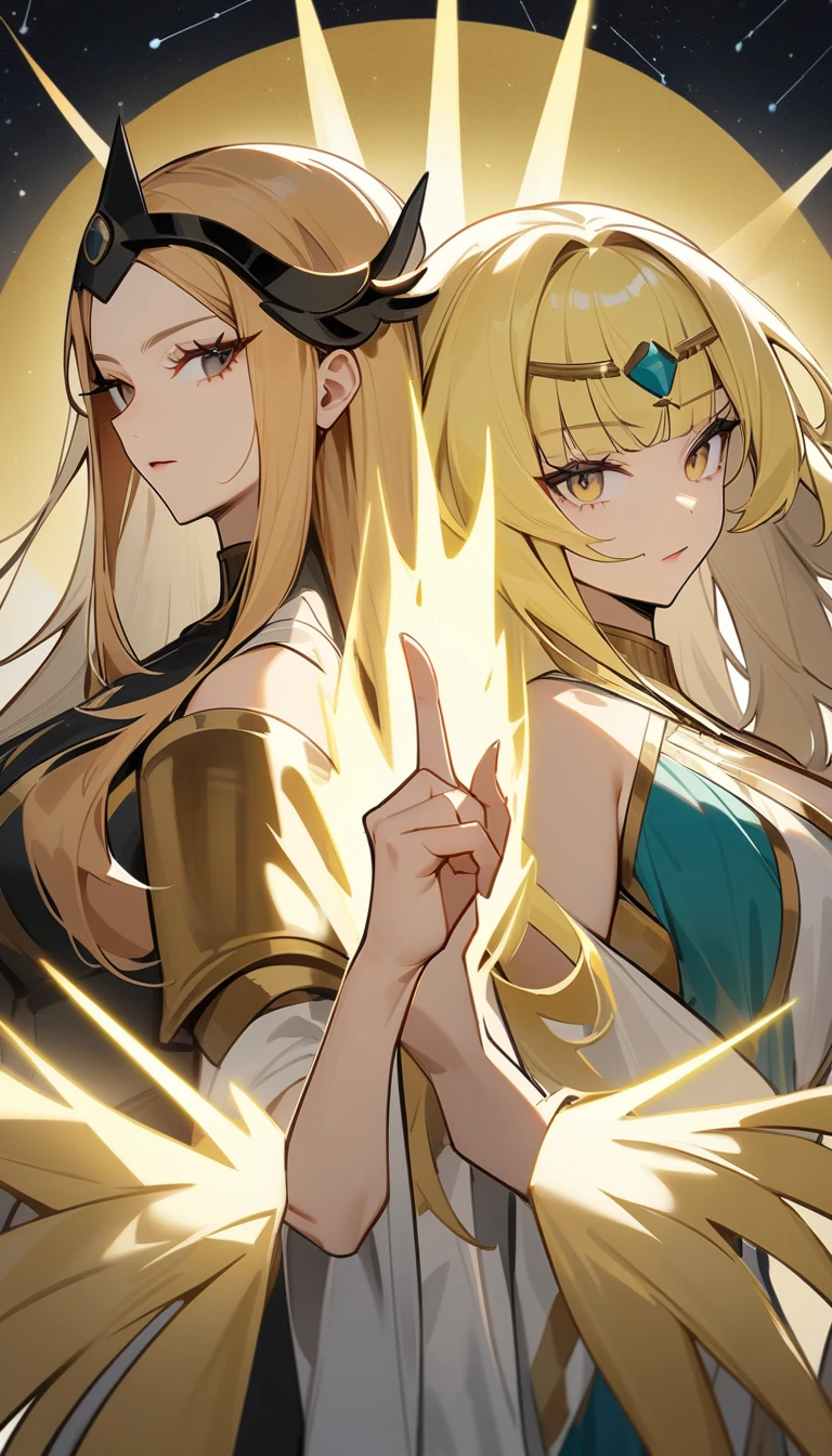 (Huang Li、high quality、Extremely detailed),Constellation - Gemini Goddess,Two goddesses,女人opposition站着,Sun and Moon,opposition,Two goddesses看着对方,Similar to Latin goodness,brave,capricious,Productivity,The face of enterprising and humanitarianism,Long yellow hair,Ancient Greek costumes、Wrap Dress,,The background is the universe,Crystal black eyes(Eyes Details),Powerful appearance,Correct finger,Correct anatomy