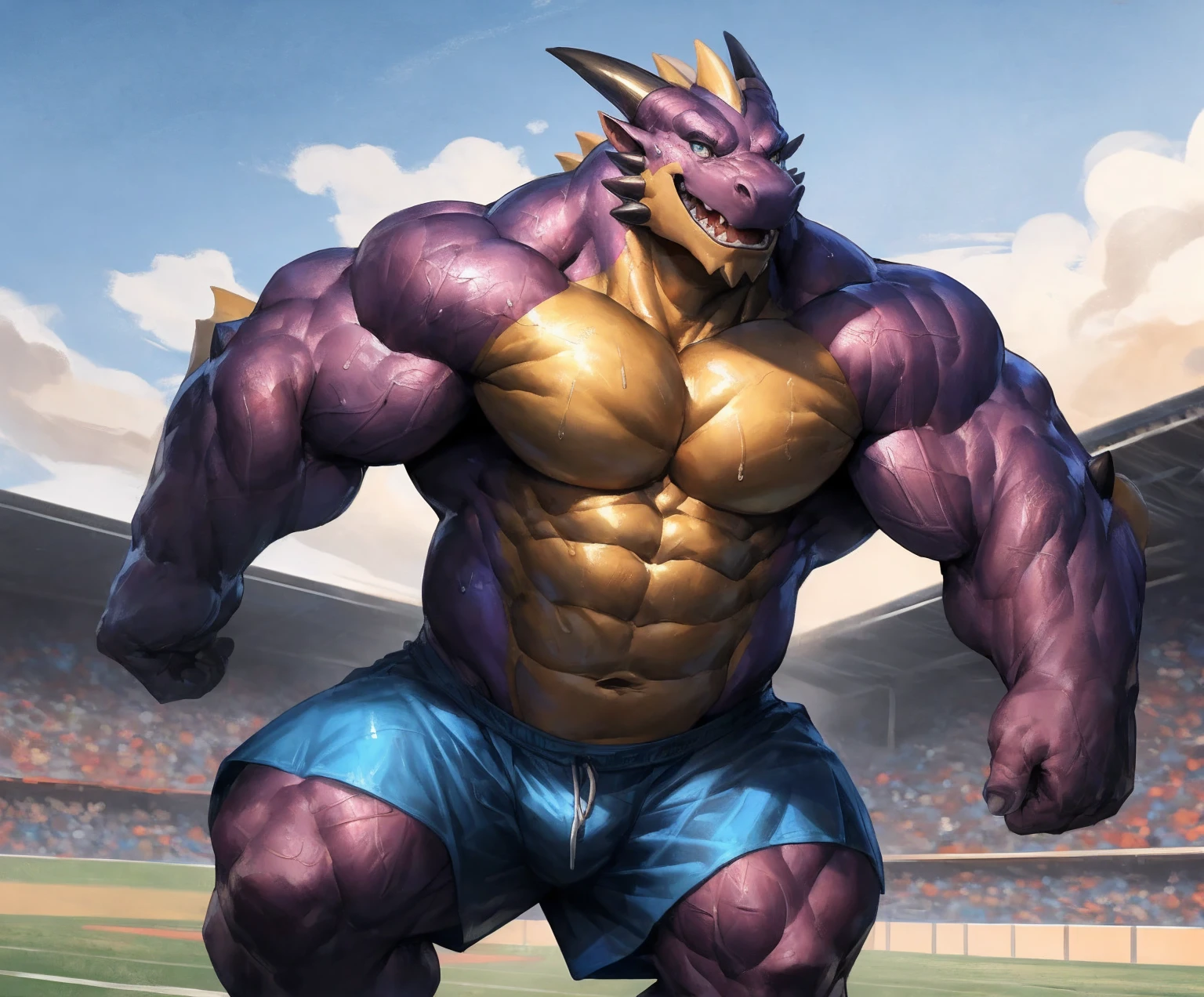 human nature, cannon, male, solitary, ((the strong,Handsome)), (dragon), Chibo,Six-pack abs,(Athletics,Track),run,Blue shorts,Sweat:1.3,high quality, (4K,high quality, high resolution, masterpiece), cartoon,by lindong