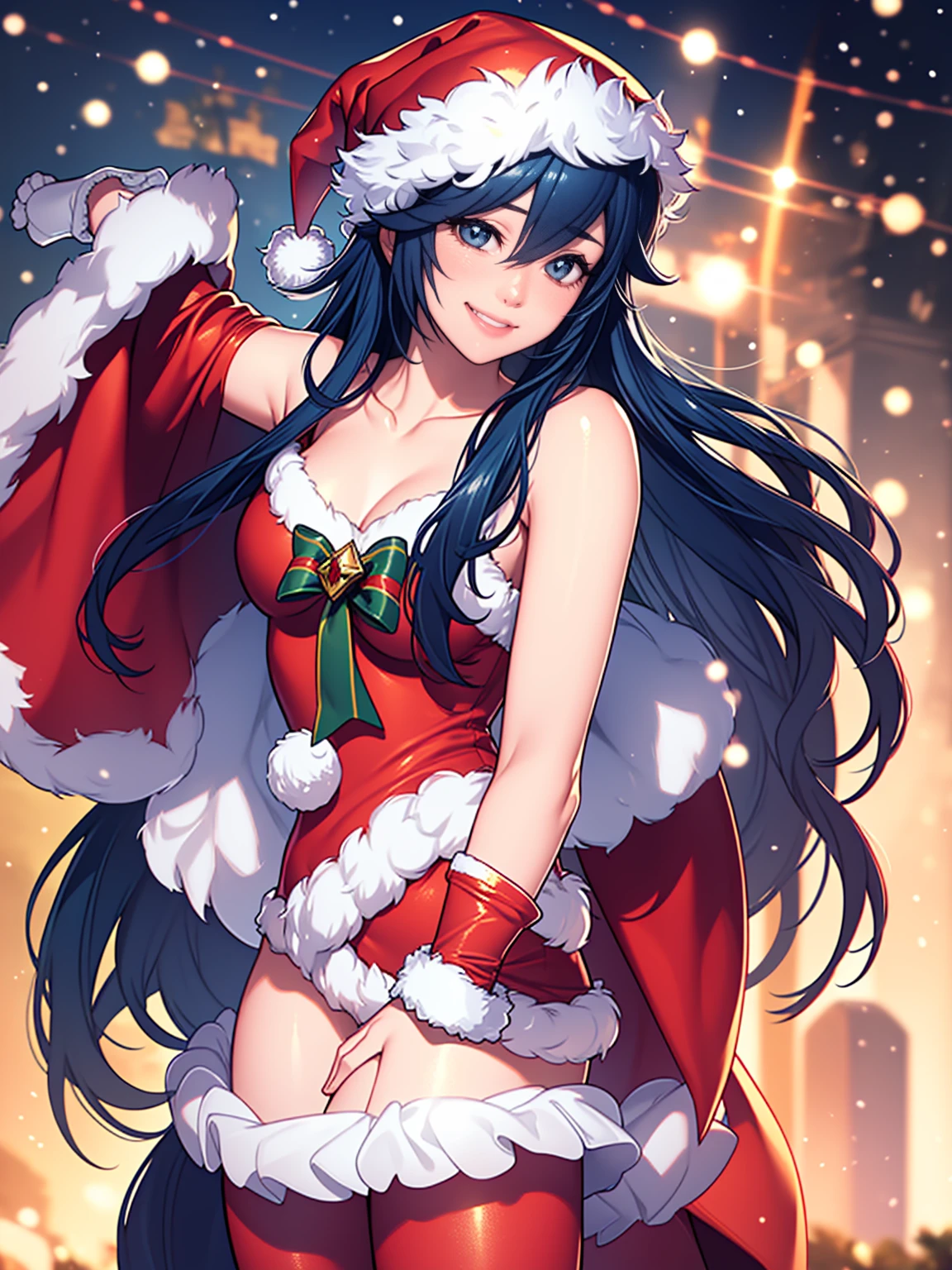 1 girl, One, masterpiece, Best quality, A high resolution, very detailed, (illustration), beautiful detailed eyes,Lucina Vera,glossy lips, draw up, smile, long white satin elbow-length gloves, cowboy shot, (Santa), red Santa dress, Santa hat, strapless dress, whole body, white gloves on elbows