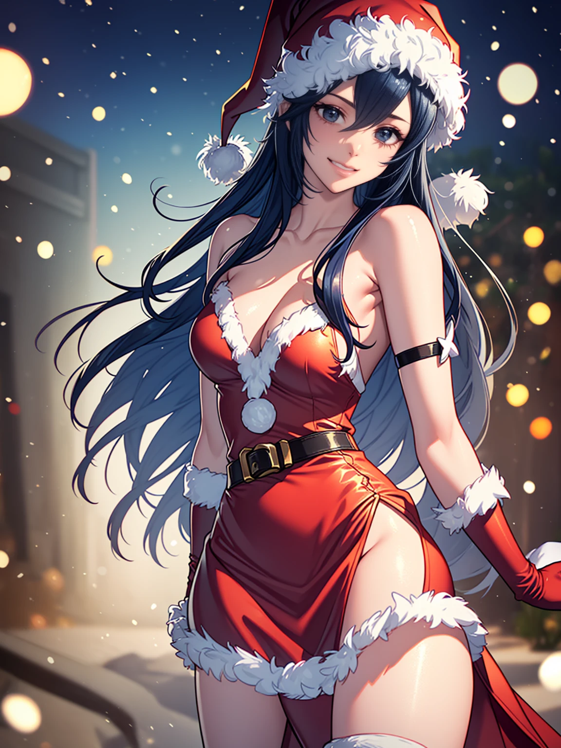 1 girl, One, masterpiece, Best quality, A high resolution, very detailed, (illustration), beautiful detailed eyes,Lucina Vera,glossy lips, draw up, smile, long white satin elbow-length gloves, cowboy shot, (Santa), red Santa dress, Santa hat, strapless dress, whole body, white gloves on elbows