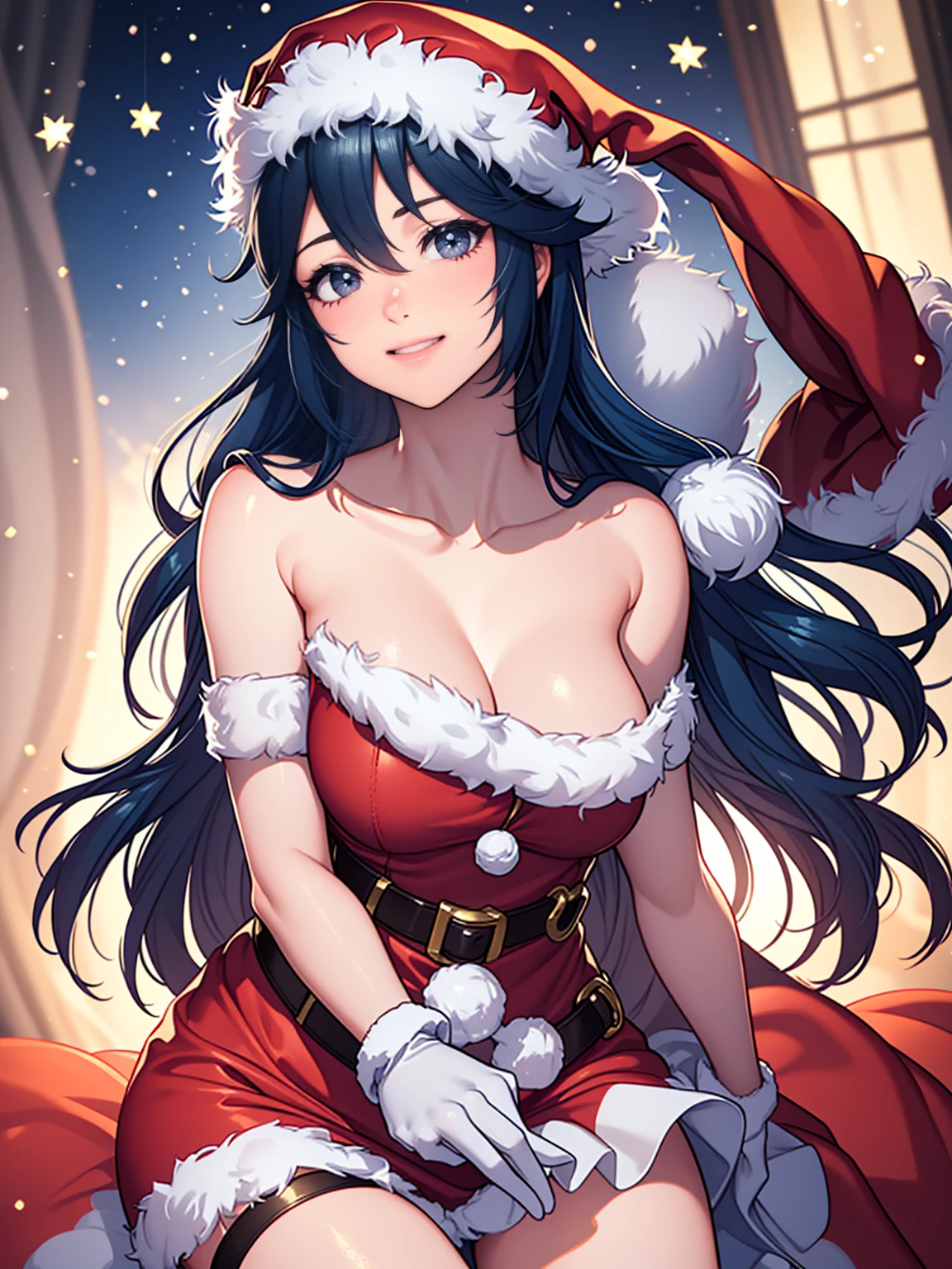 1 girl, One, masterpiece, Best quality, A high resolution, very detailed, (illustration), beautiful detailed eyes,Lucina Vera,glossy lips, draw up, smile, long white satin elbow-length gloves, cowboy shot, (Santa), red Santa dress, Santa hat, strapless dress, whole body, white gloves on elbows