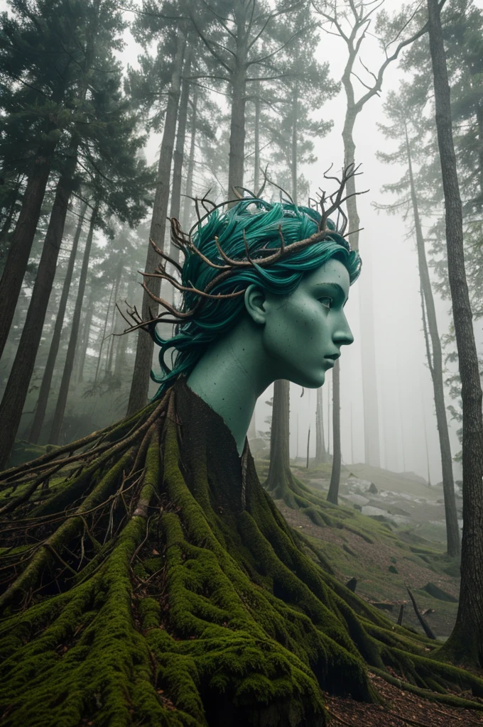 Mermaid head by trevor herdenson, monster made of branches with the heads of two sirens, in the middle of a forest with fog in the distance