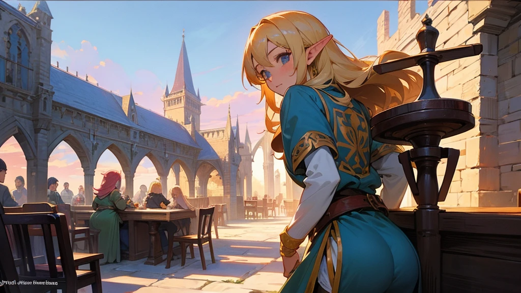 Anime Style,Nostalgic,Detailed background,The medieval world,A lively bar with lots of people,Beautiful sky,A beautiful bard elf girl looking back at me,Protruding buttocks