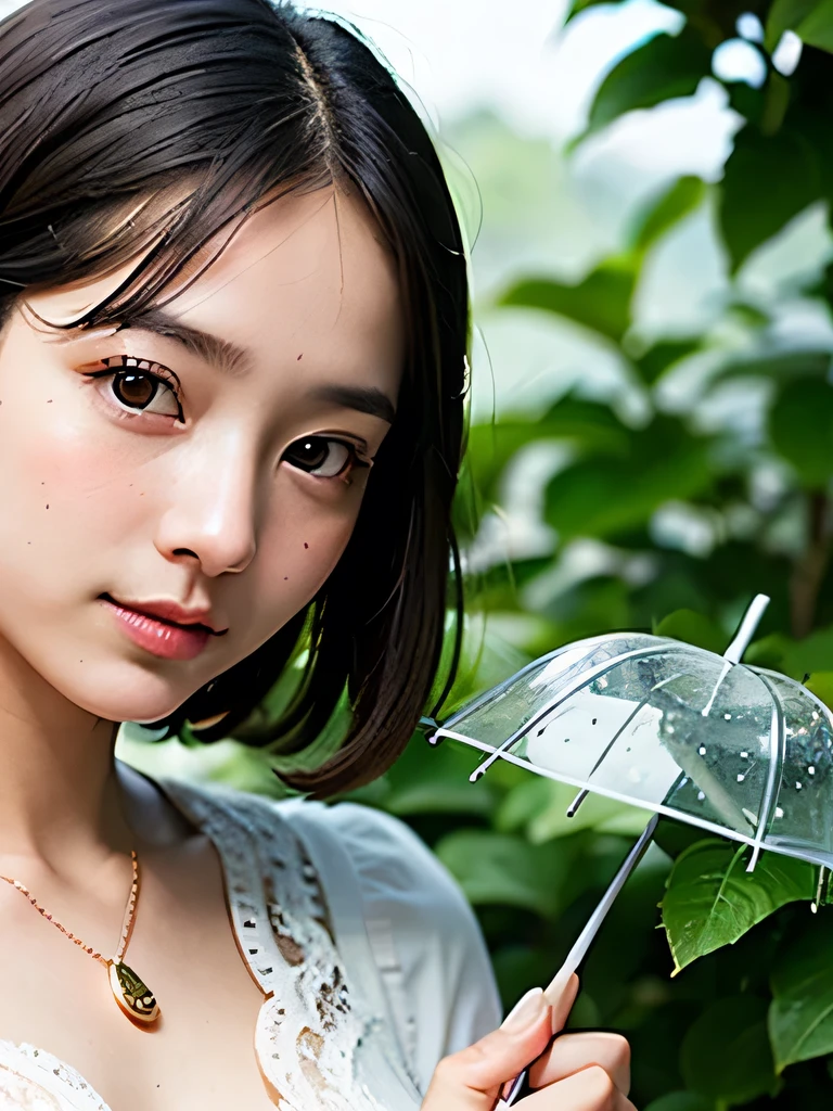 umbrellaLORA, 
Raining Park、One beautiful girl、A neat and well-groomed face、(Small snail on a hydrangea leaf)、(A girl holds a small umbrella over a snail)、The hydrangeas are blooming beautifully、Correctly depicting fingers and an umbrella