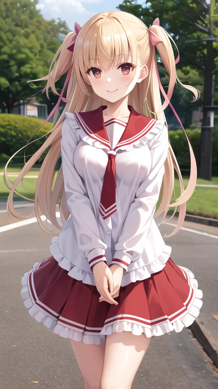 masterpiece, best quality, highres, aariko, long hair, blonde hair, two side up, hair ribbon, pink ribbon, , frills, serafuku, sailor collar, necktie, white shirt, long sleeves, red skirt, standing, cowboy shot, outdoors, smile