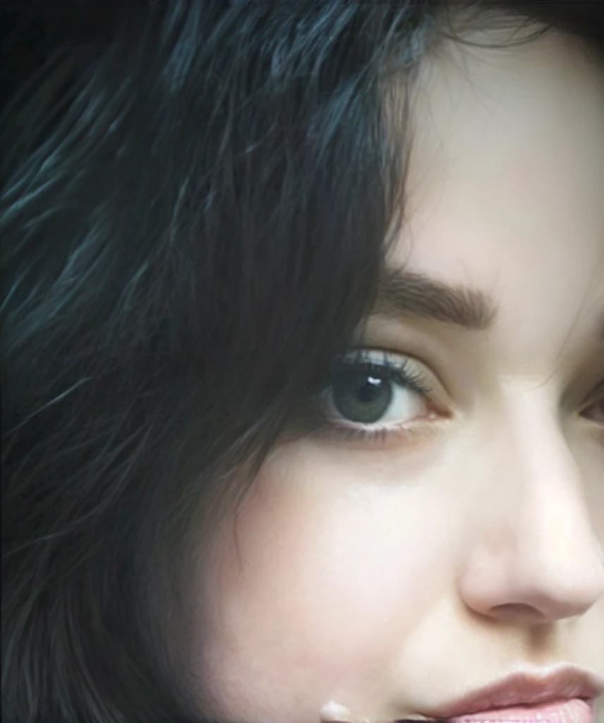 there is a woman in a black shirt and a pink flowered dress, 🤤 Portrait of a girl, beautiful gentle face, small lips, sharp nose, close-up portrait from frontal view, pale round face, close-up portrait from frontal view, plump face, cute face. Dark Fantasy, semi-realistic render, piercing gaze, smeared face, Maia Sandu hyperrealistic