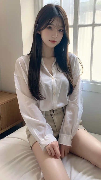 high resolution, Extremely detailed, Reality, Soft lighting, 1 beautiful Japanese girl, Very detailed beautiful face, Straight and medium-length hair, Transparent button down shirt, Beautiful legs