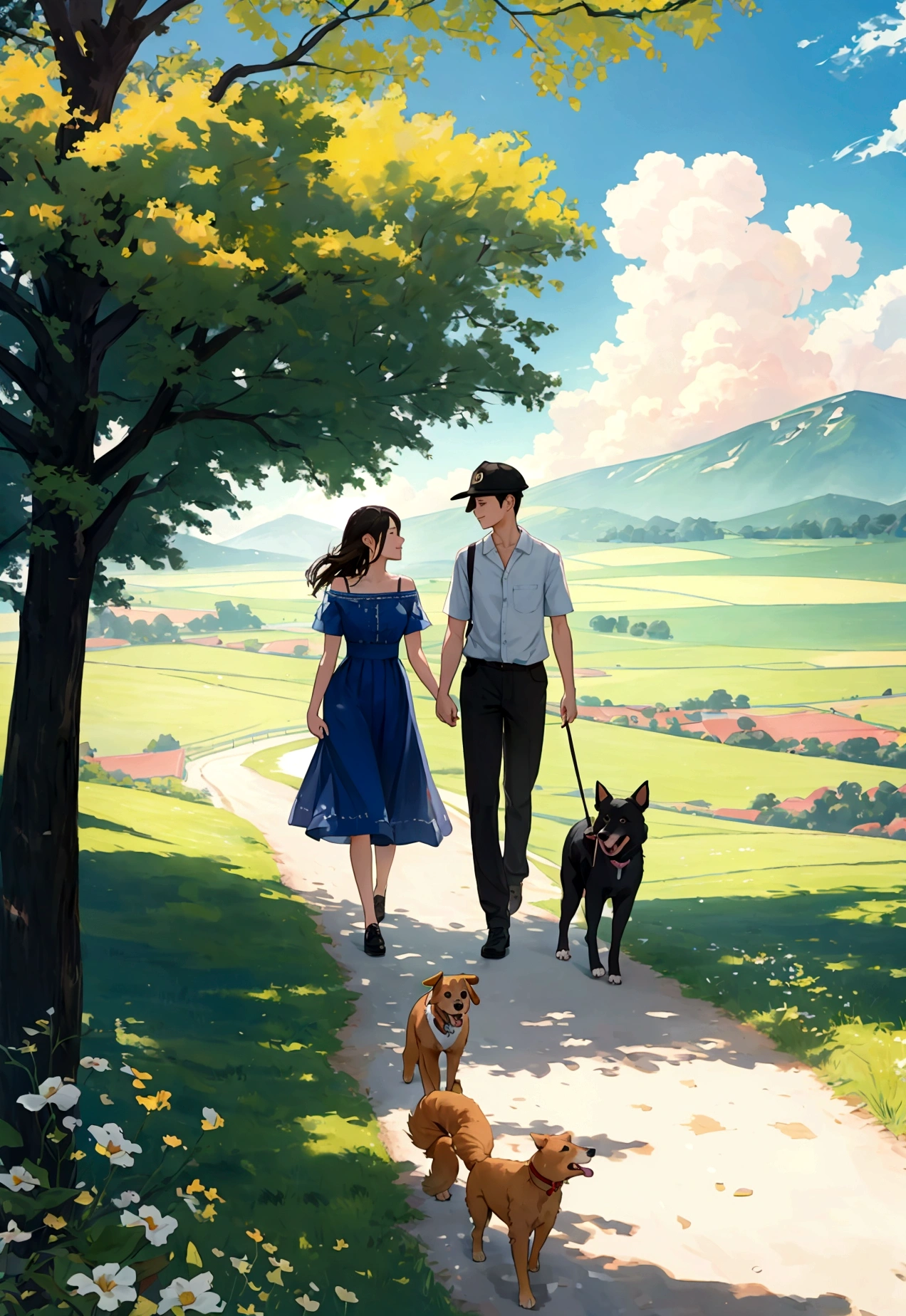 Painting ofa couple walking along with their dog in a picturesque rural landscape on a bright summer day