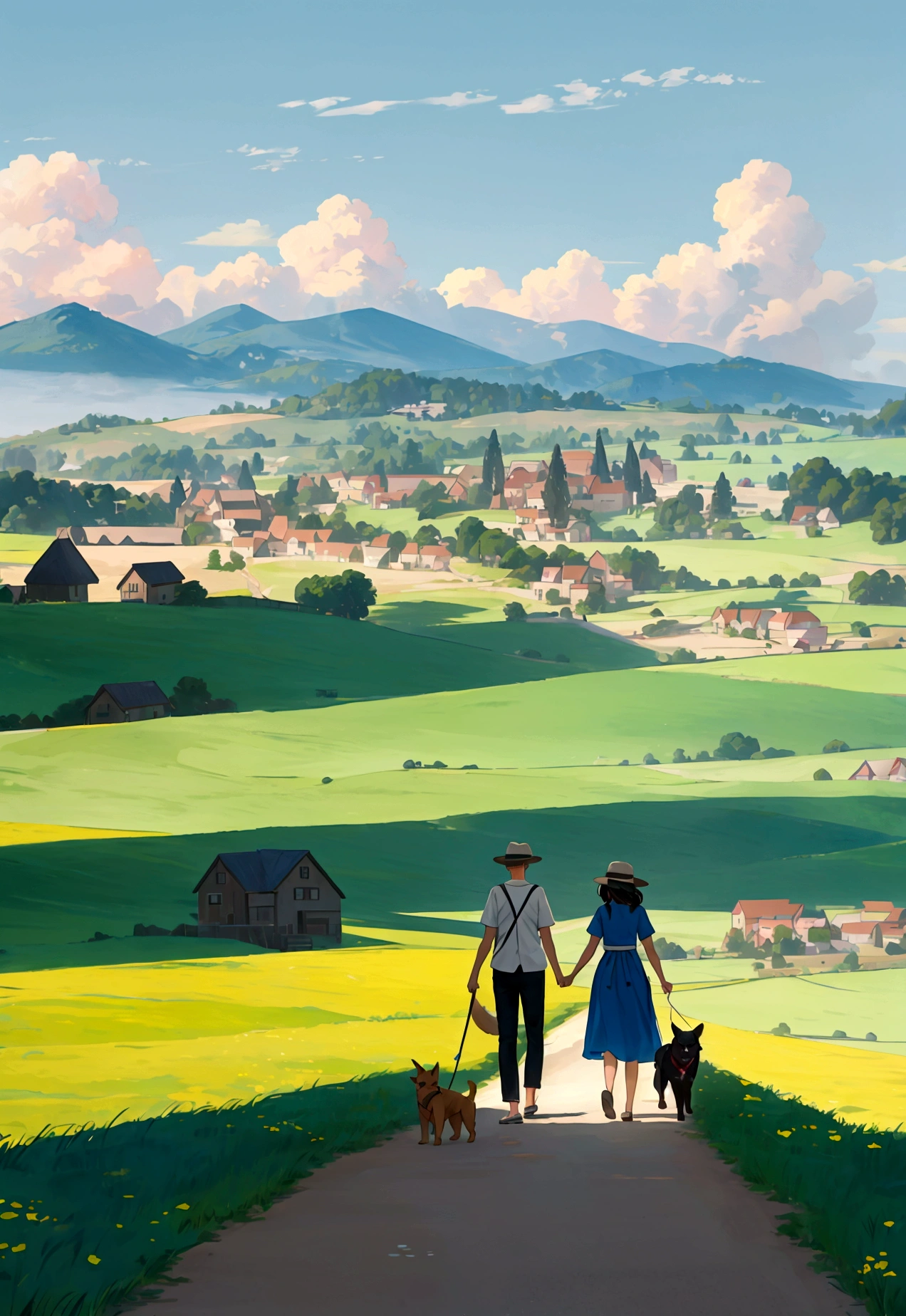 Painting ofa couple walking along with their dog in a picturesque rural landscape on a bright summer day