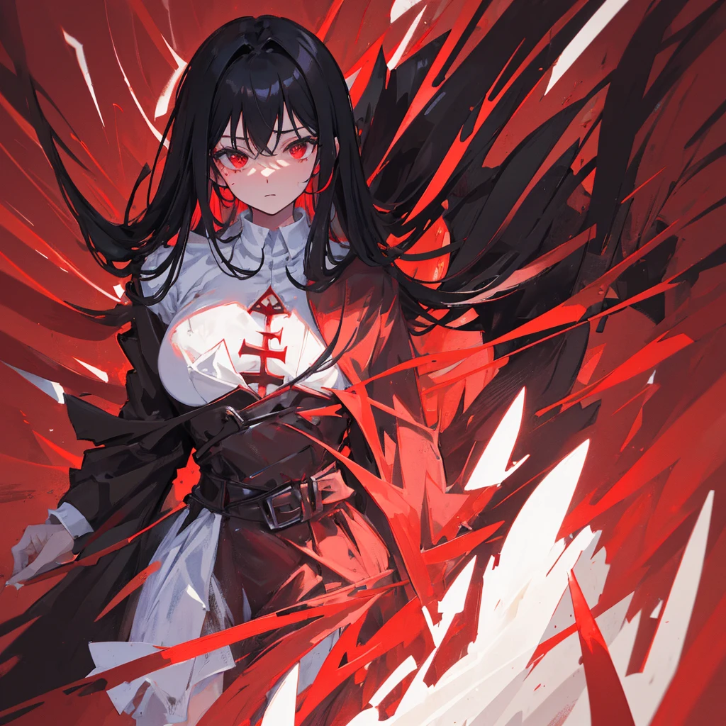 A human devil,woman,Black long hair,Red clothes,Exposure,((Pure red background))
