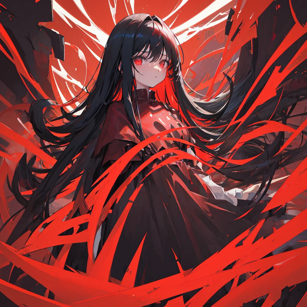 A human devil，woman，Black long hair，Red clothes，Exposure，((Pure red background))