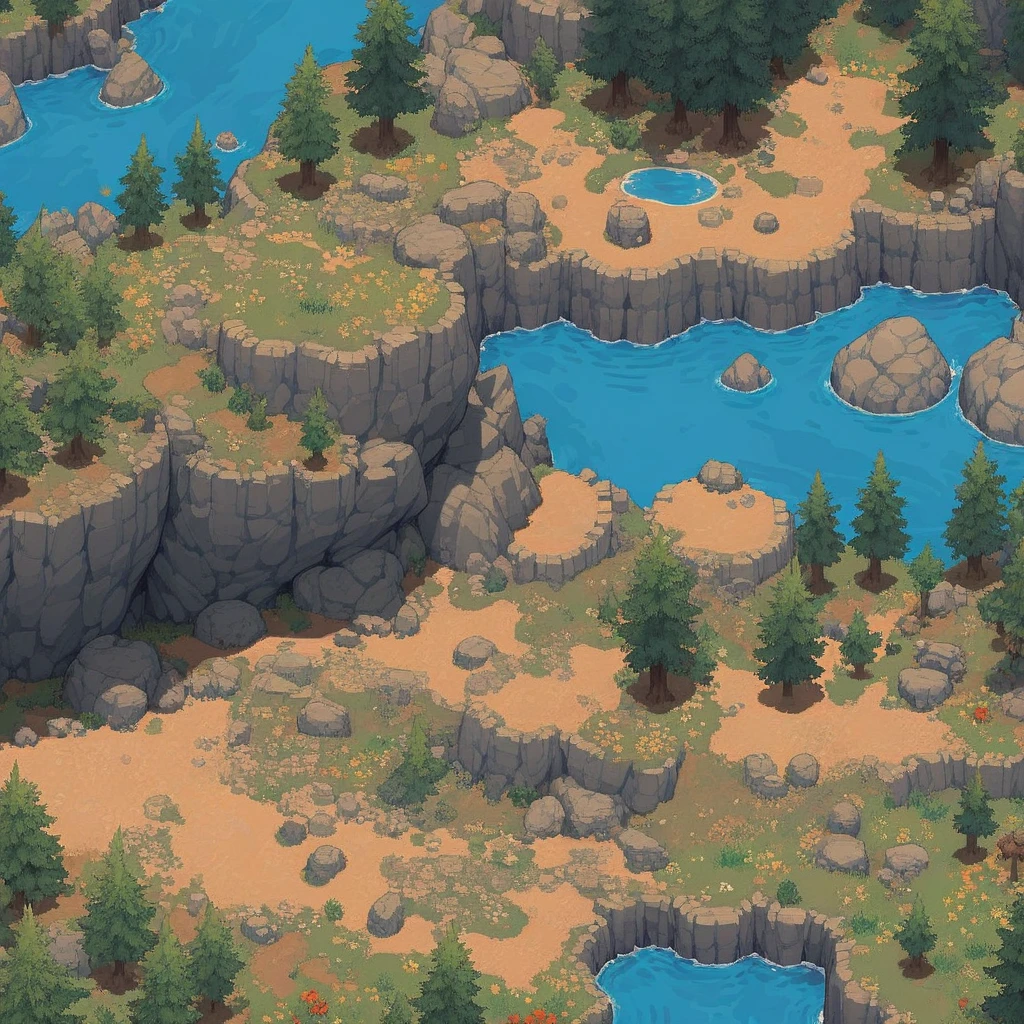 retro video game style,pixelated, vibrant pastel colors,8-bit characters,blocky shapes,sharp lines,detailed shading,classic gaming vibe,nostalgic atmosphere,classic arcade games,masterpiece:1.2,ultra-detailed,illustration style, 2d texture, stone texture, 4 k seamless mud texture, video game texture, dirt texture, tileset, game tiles, grass, trees, rock texture, detailed trees, topdown view, game texture, game art, tileable texture, very detailed cliff texture, intricate stones, top down view, 3/4th perspective