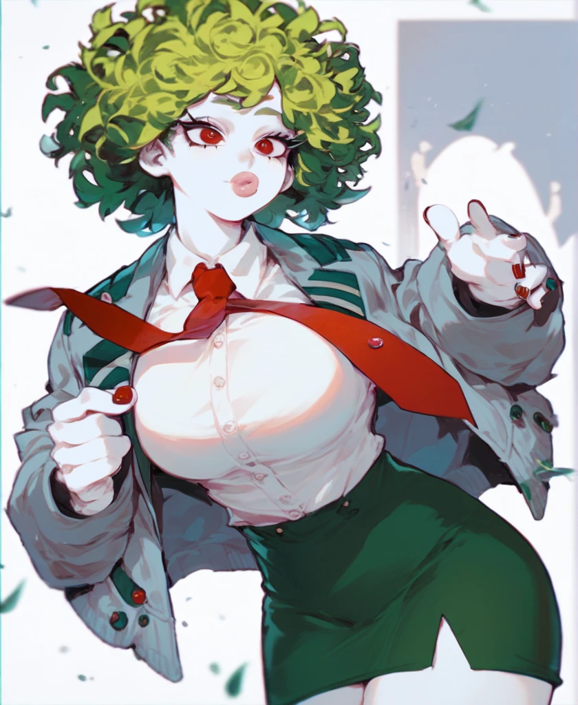 score_9_up, score_8_up, score_7_up, cowboy shot, 1girl, \(boku no hero academia\), White skin, Short curly hair, Red eyes with long eyelashes, Round cherry lips, Large breasts, Wide hips, Nail clothes, Gray jacket with red tie, Dark green skirt
, source_anime, anime style