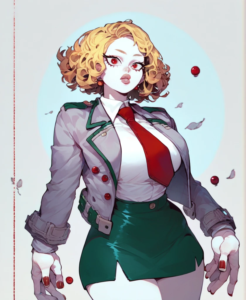 score_9_up, score_8_up, score_7_up, cowboy shot, 1girl, \(boku no hero academia\), White skin, Short curly hair, Red eyes with long eyelashes, Round cherry lips, Large breasts, Wide hips, Nail clothes, Gray jacket with red tie, Dark green skirt
, source_anime, anime style