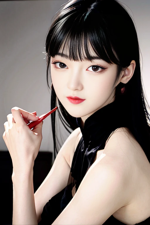 tsuruta ichiro, Narrow-eyed, 1girl in, Allback、deadpan、short-hair、shorth hair、brow、Reluctance、A dark-haired、Tucked Hair Solo, Cowgirl, Onepiece, ((mideum breasts)), Thin slit eyes、Black eyes, Light shines on the eyes、Black hair, gloves, Dress, Luxurious Jewelry, earrings, sharp eye、 elbow groves,Raise your hands and tie your hair back, random color, random color dress, Makeup for long eyes, Slender eyes、lip stick, Complex petal pattern, Rim Light, Back Light, pastel color,Studio Lighting