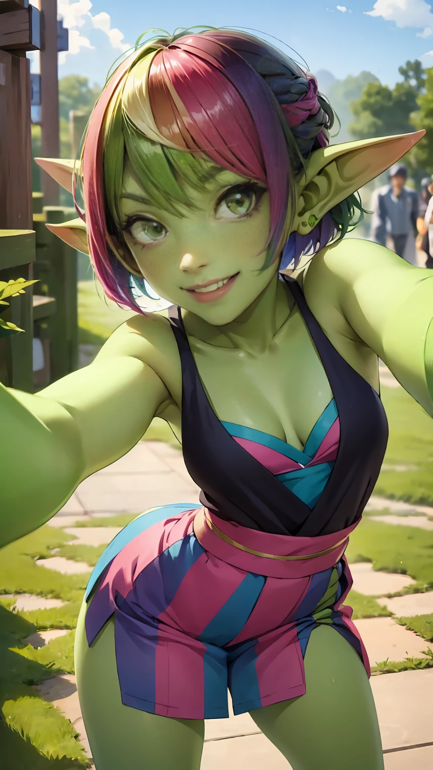 1 girl, short hair, green goblin girl, green skin, small pointy ears, (rainbow hair), wearing awesome clothes, smiling, outdoors in tokyo, taking a selfie, influencer, silly pose, dynamic pose, silly face