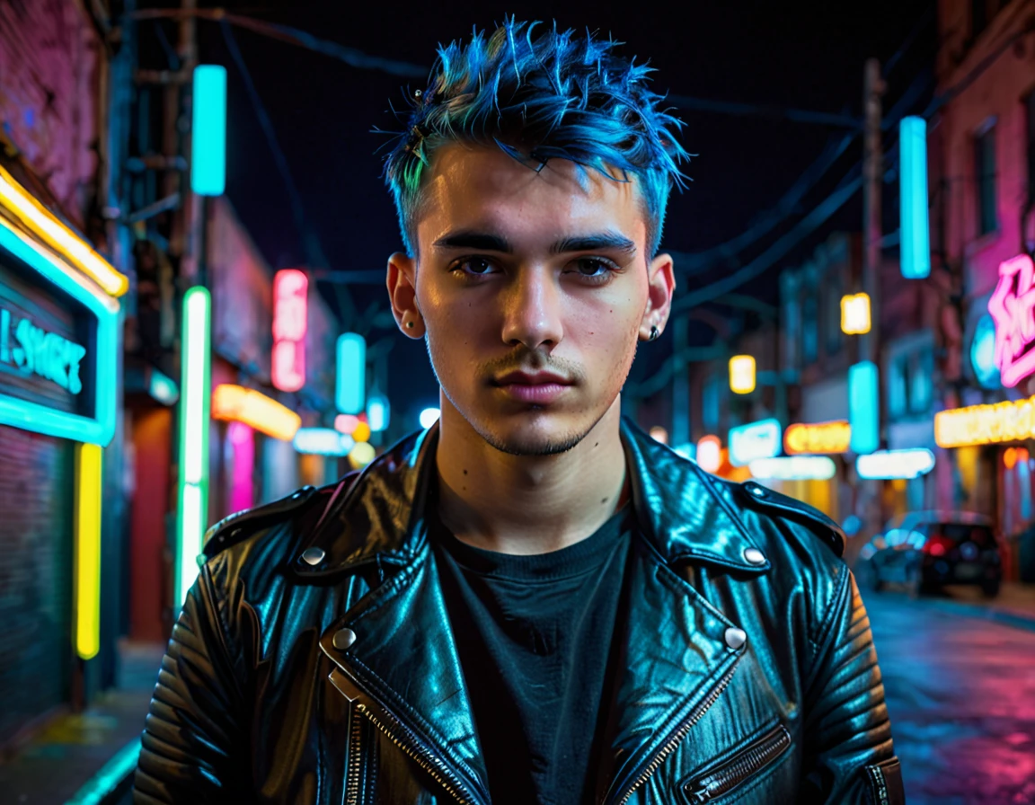 A portrait of a young man with short, unkempt blue hair. He is wearing a black leather jacket and is in an urban setting at night, with neon lights in the background. The portrait has a realistic style and a cinematic touch