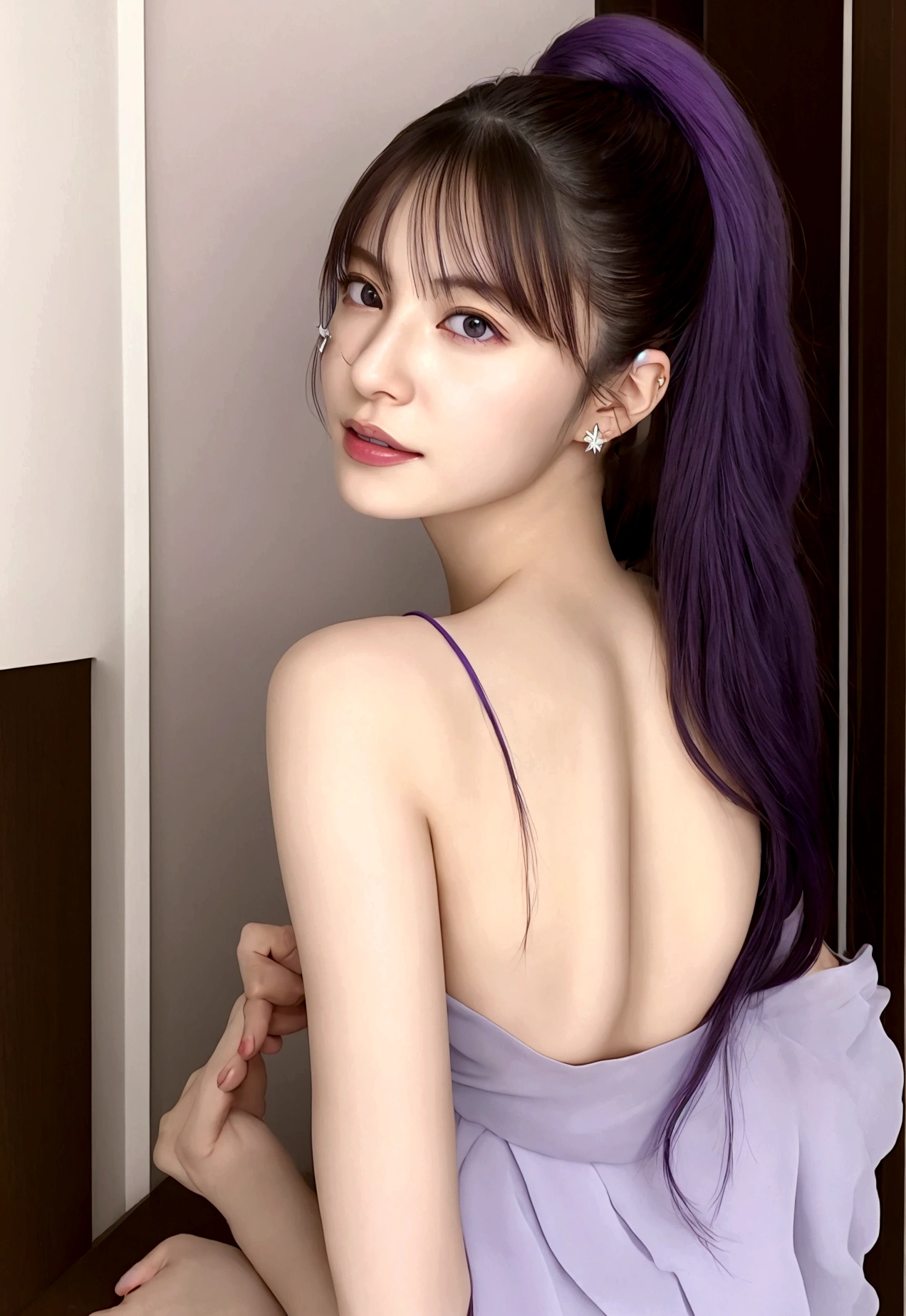 One Girl, Purple eyes, alone, sunglasses, Purple Hair, Wear glasses on your head, View your audience, smile, 耳Nipple Ring, gem, Turn back, With bangs, Close the top of the mouth, Star Kafka,, Shiny, Glowing Skin, Mature Woman,Kitagawa Uyudo house style, Young woman anime visual,Focus on the face: Delicate and beautiful face, High Ponytail,city,Outdoor,stand up,Long legs,Mature Woman,Busty Wife,Married women,Mature Woman,office lady,(masterpiece), (Highest quality), (Very detailed),(Disheveled Hair),Huge ,Stiletto heels,slender and tall,Exquisite detail,Paws are delicate