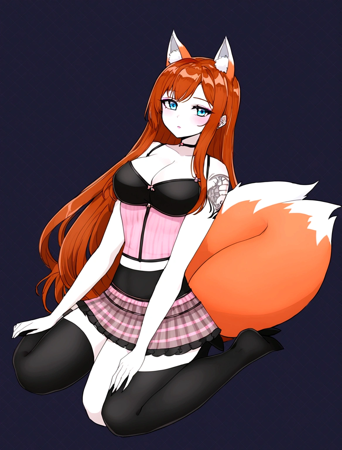 a redhead woman, very long hair falling to butt height. She is wearing a purple blouse that highlights her large breasts.. She has red fox ears, with the inside of the ears in light pink, and a red fox tail with a light pink tip. Only his left arm is completely tattooed. She has fair white skin and a slim body with blue eyes.