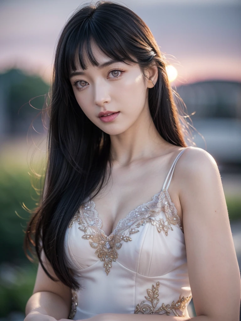 (best quality,4k,8k,highres,masterpiece:1.2),ultra-detailed,(realistic,photorealistic,photo-realistic:1.37), HDR, UHD, studio lighting, ultra-fine painting, sharp focus, physically-based rendering, extreme detail description, professional, vivid colors, bokeh, portraits, brunette girl, long hair, evening dress, beautiful detailed eyes, beautiful detailed lips, extremely detailed eyes and face, long eyelashes, delicate and radiant skin, elegant and confident posture, graceful hand gestures, enchanting smile, intricate lace embroidery on the dress, flowing and ethereal fabric, soft color gradient from dusky purple to midnight blue, warm and subtle golden highlights, gentle moonlight illuminating the surroundings, soft shadows creating depth and dimension.