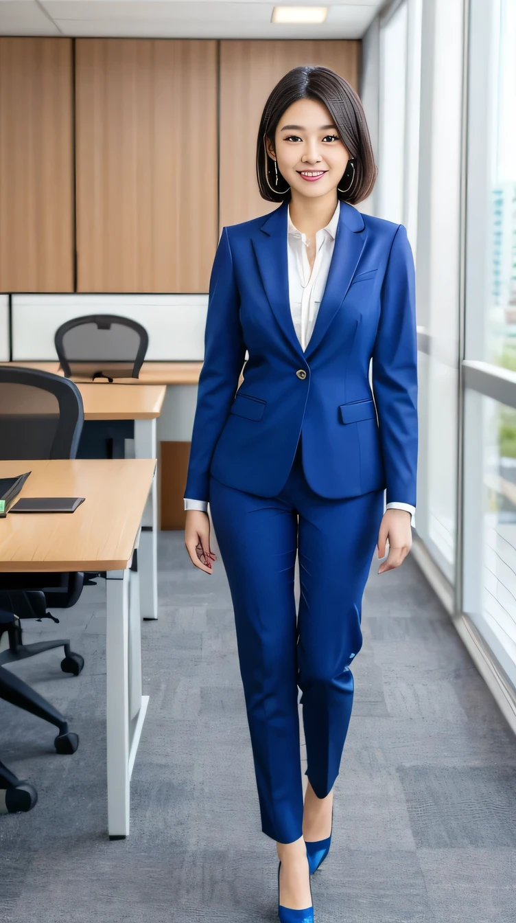 Highest quality:1.2), (Realistic,photo-Realistic:1.4), RAW Photos, High resolution, Very detailed, Intricate details, Short Haircut、Ear piercing、smile、Black Hair, (Front view, ), Clear Beauty, Standing in office room, (whole body,:1.5), Large Breasts, (High-quality fabric, Office Lady Suit Pants Style:1.2), Fine grain, Detailed face, Fine skin, indoor,
