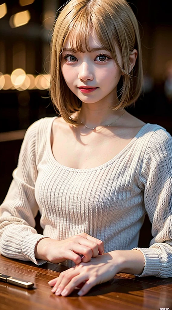 (8K, raw photo:1.2), detailed face and eyes,best quality, Super high resolution, very detailed ,intricate details ,table top ,a cute girl , soft cinematic light, hyper detailing,sharp focus, high quality, blonde hair, bob cut