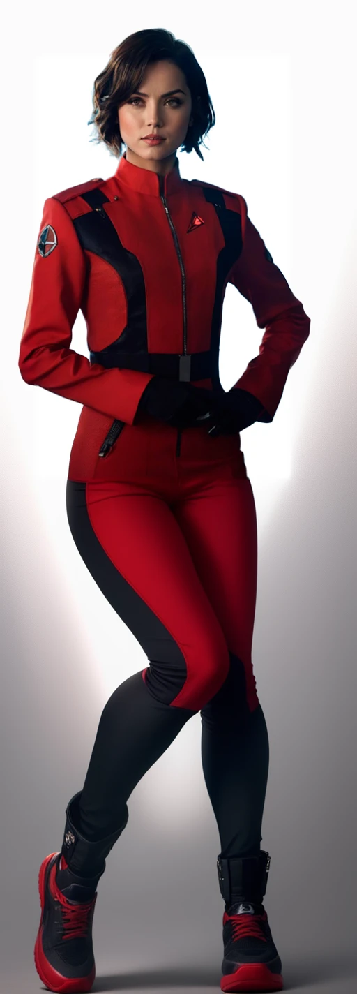 woman's legs in red star trek official jumpsuit