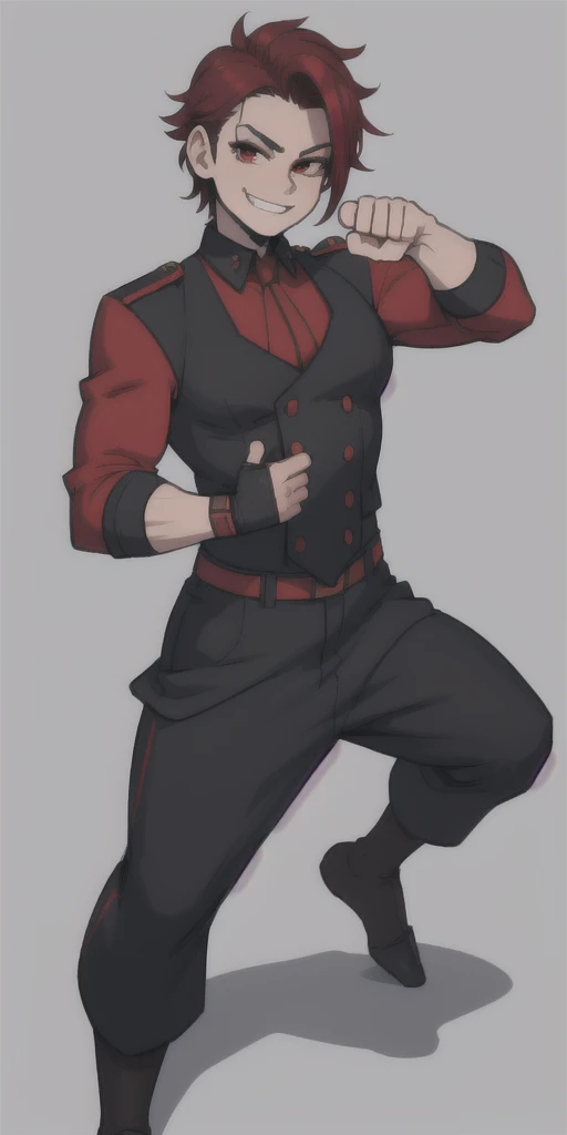 Male, man, masculine, muscular, , uniform, brown and black uniform, excited, fighting stance, high quality, simple background, smiling, sharp eyes, dark red eyes, deep blue hair, fighting position, guy, dude