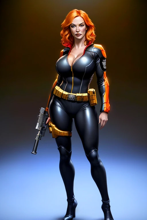 Imagine Christina Hendricks as a Fortnight character, Christina Hendricks as an video game character, alluring 48 year old woman, High-quality facial research of Christina Hendricks, (Christina's sculpted cheekbones and slight wrinkles around the face), High-quality detailed research of Christina Hendricks voluptuous figure. ((aiming at the viewer with a pink gun)), skin-tight blue leather suit, utility belt, two pistols, ((holding a pink handgun)), (((decent looking pink handgun)))). Whole body, Casual pose, Beautiful pose, (Extremely detailed CG 8k wallpaper), (Extremely delicate and beautiful), (Masterpiece), (Best quality: 1.0), (Ultra-high resolution: 1.0), Beautiful lighting, Perfect lighting, Realistic shadows, [high resolution], Detailed skin, Super detailed (((Colorful))), Digital art, Fortnight concept art, full body concept art, Expert concept art with high detail, concept-art, third person shooter game concept art, concept-art, Drew Hill style, Video game concept art, 4K, full body portrait
