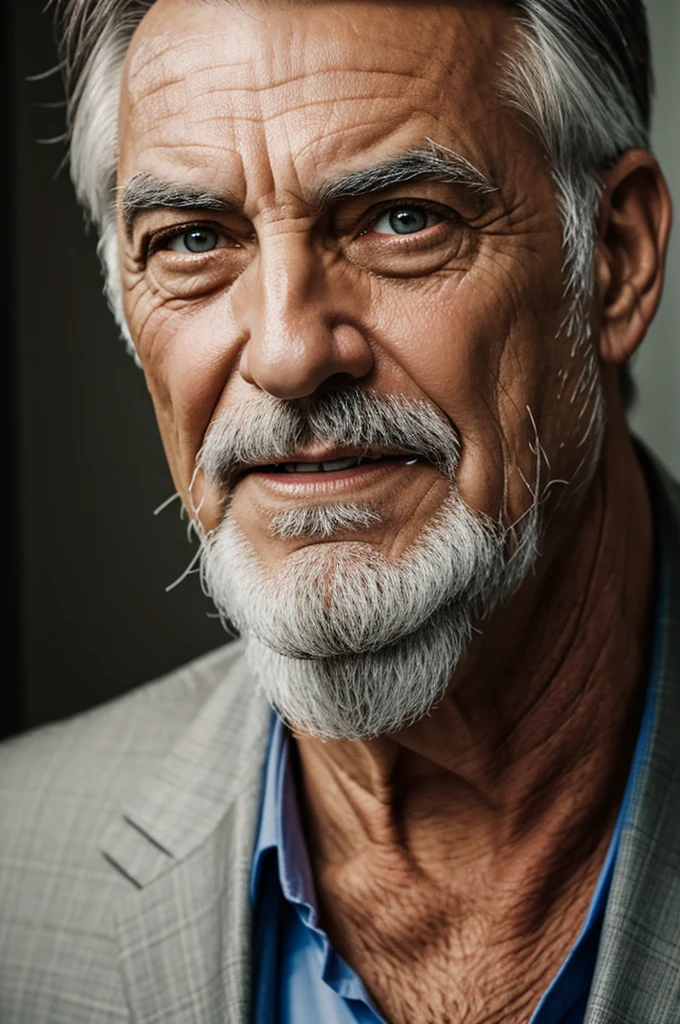 Create an attractive old man, with suit, wild eyes, a cut in the right eye 