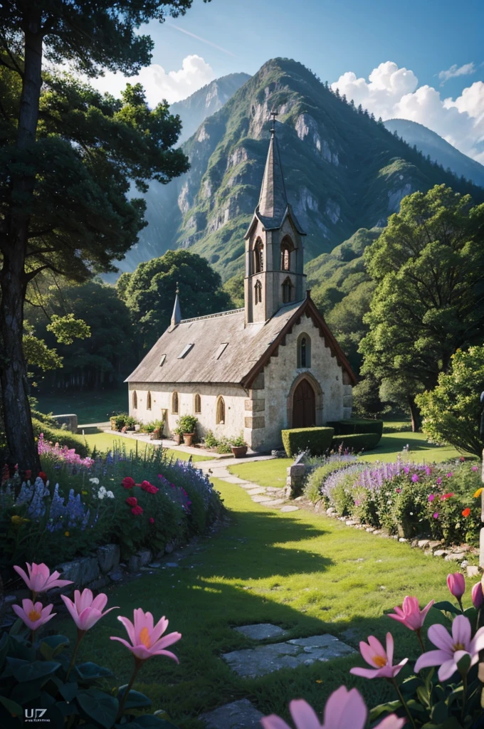 Medieval Catholic church on the mountain, View of the sea, surrounded by lush vegetation in a valley of flowers, rise sun, with rays of light, slightly misty day, Ultra -HD, 真实感, cinematic light, detailed back ground, swirly vibrant colors, conceptual artwork