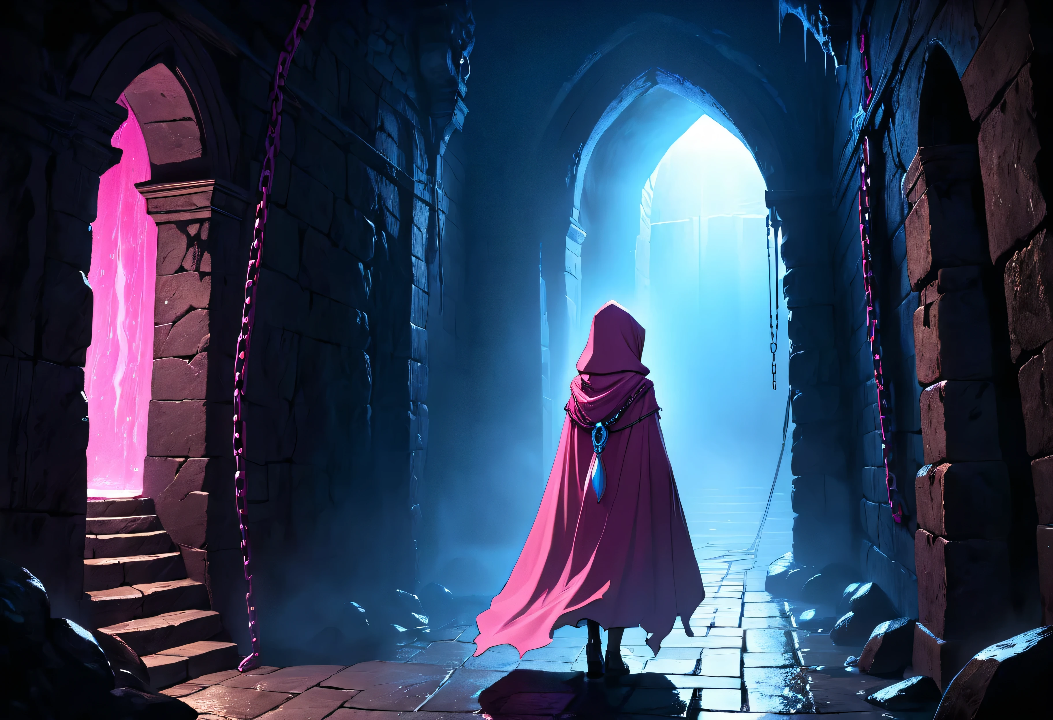 small cloaked girl explores dungeon, from behind, back shot, dark stone passage, fantasy dungeon, dim pink and blue lighting, white slime, mist, low contrast, dark, chains, stonework, enclosed passage, lurking creatures in the darkness, tense, erotic