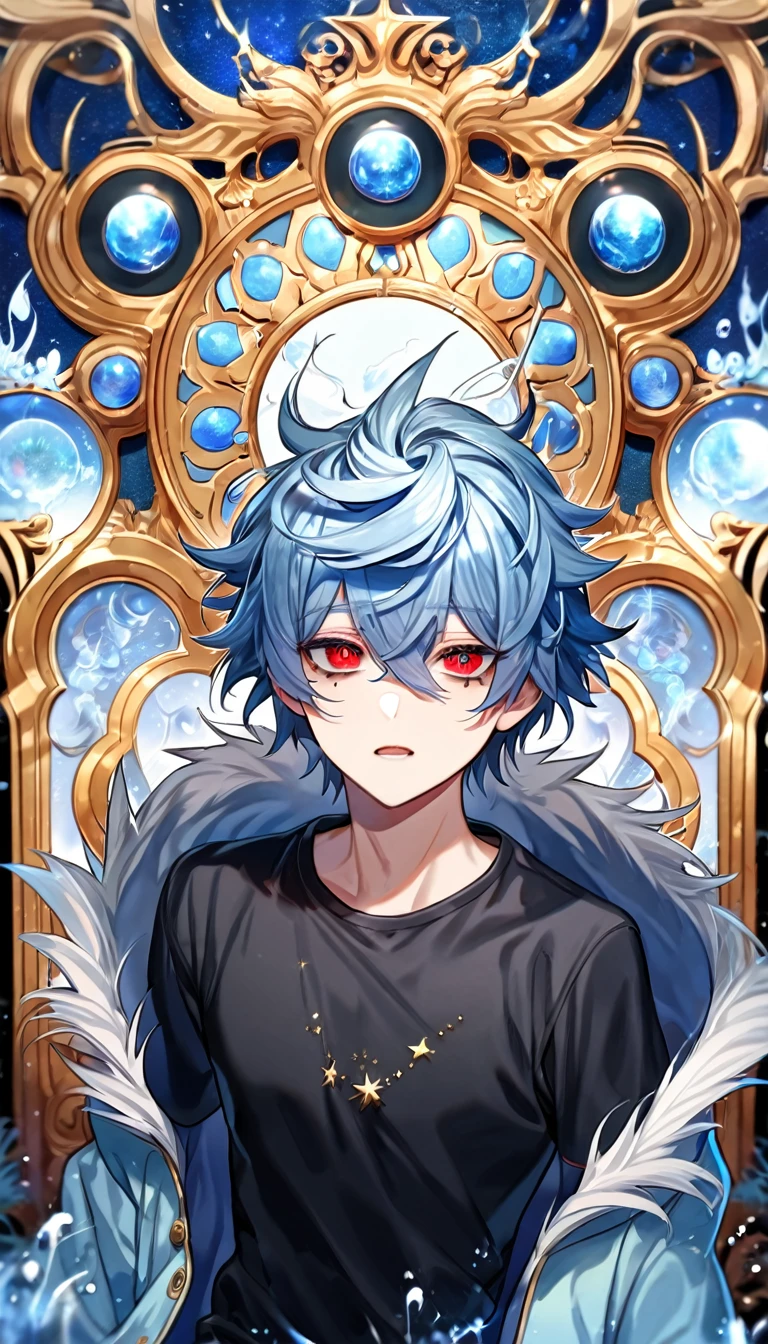 absurdres, highres, ultra detailed, HDR, master piece, best quality, Kuro, light-blue hair, messy hair, expressive red eyes, black bags under the eyes, Servamp, solo, sexy man, handsome, light blue hooded jacket with fur, black T-shirt, water, fantasy, shining, blue flowers, blue moon, starry, blue fireflies