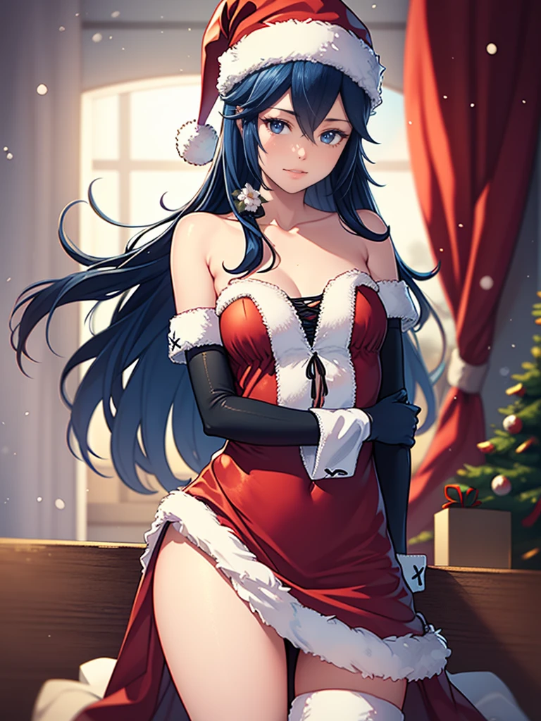 1 girl, One, masterpiece, Best quality, A high resolution, very detailed, (illustration), beautiful detailed eyes,Lucina Vera,glossy lips, draw up, smile, long white satin elbow-length gloves, cowboy shot, (Santa), red Santa dress, Santa hat, strapless dress, whole body, white gloves on elbows