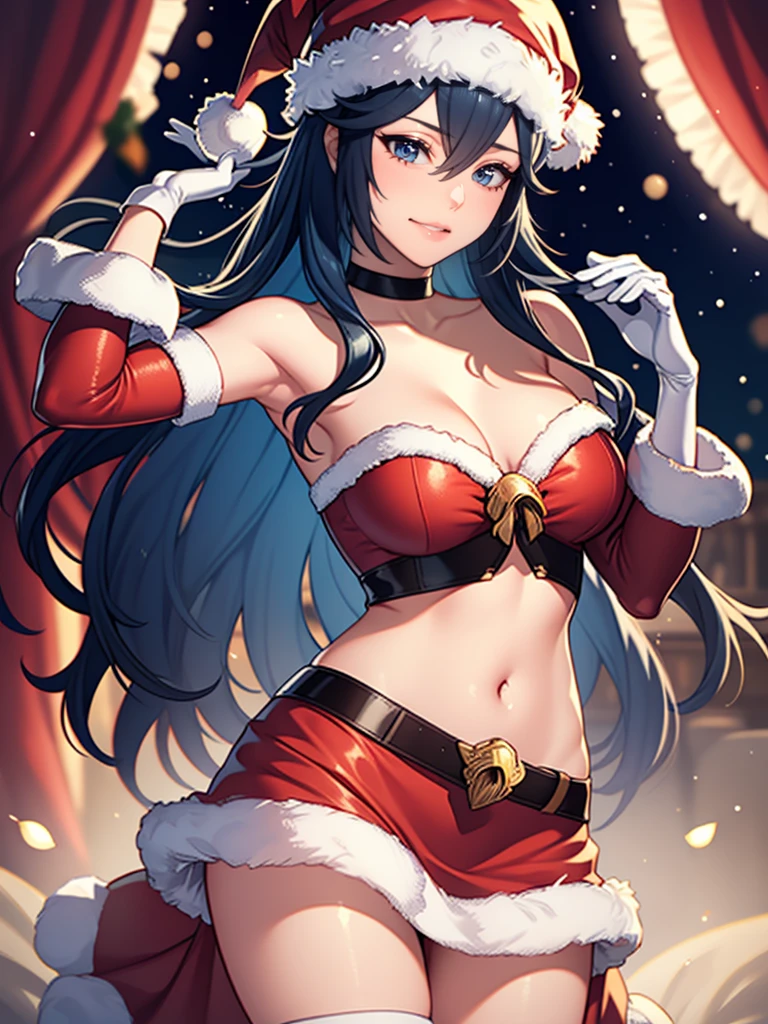 1 girl, One, masterpiece, Best quality, A high resolution, very detailed, (illustration), beautiful detailed eyes,Lucina Vera,glossy lips, draw up, smile, long white satin elbow-length gloves, cowboy shot, (Santa), red Santa dress, Santa hat, strapless dress, whole body, white gloves on elbows