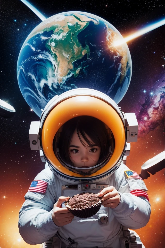 "A cartoon astronaut eating a brigadeiro, colorful, detailed, outer space background"