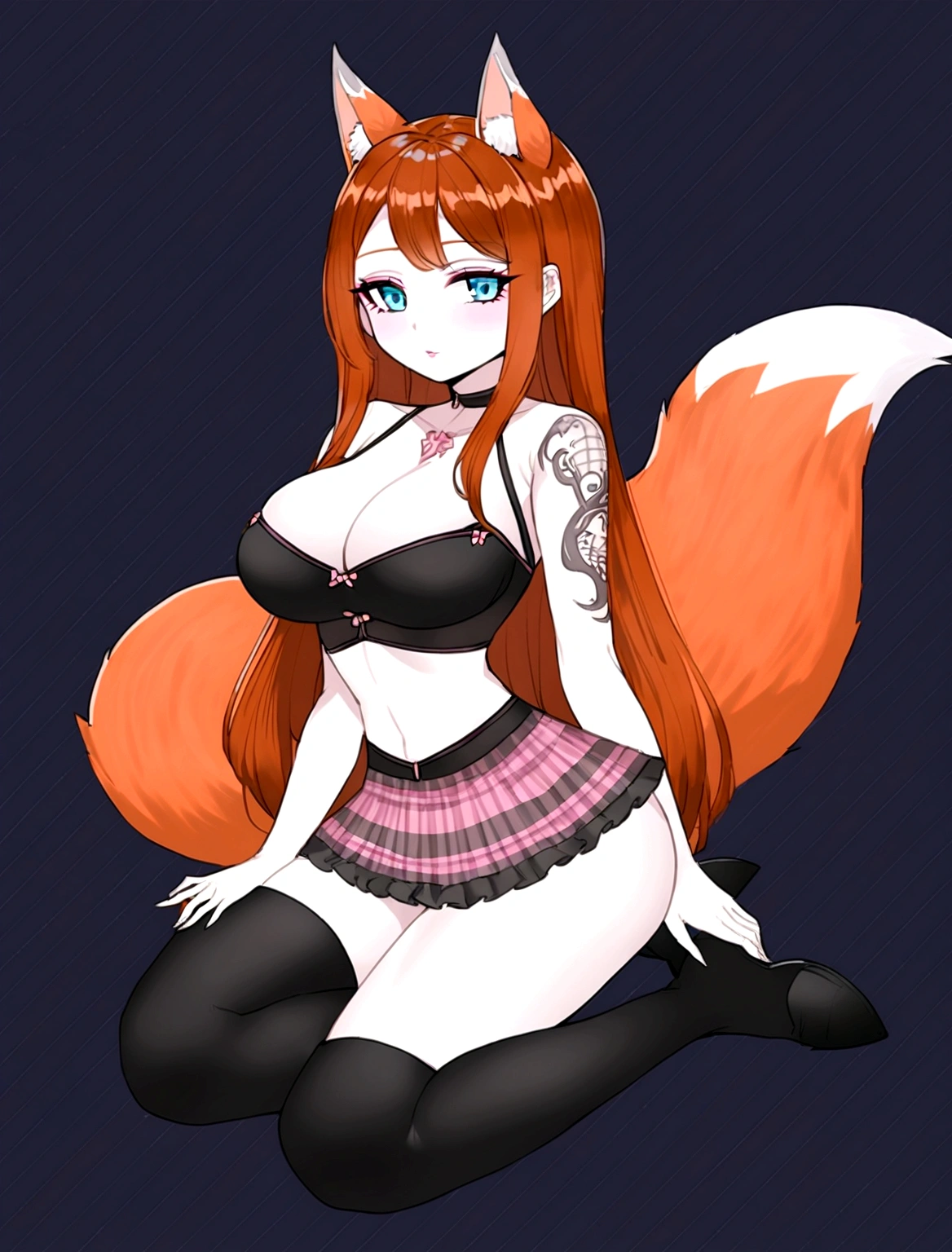 a redhead woman, very long hair falling to butt height. She is wearing a purple blouse that highlights her large breasts.. She has red fox ears, with the inside of the ears in light pink, and a red fox tail with a light pink tip. Only his left arm is completely tattooed. She has fair white skin and a slim body with blue eyes.