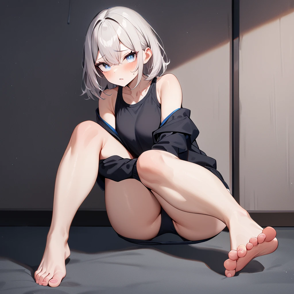 1girl,legs,masterpiece,best quality,very aesthetic, absurdres,pale hair,pale eyes,light blue eyes,Detailed eyes,(Toes:1.3),(buruma_pull)