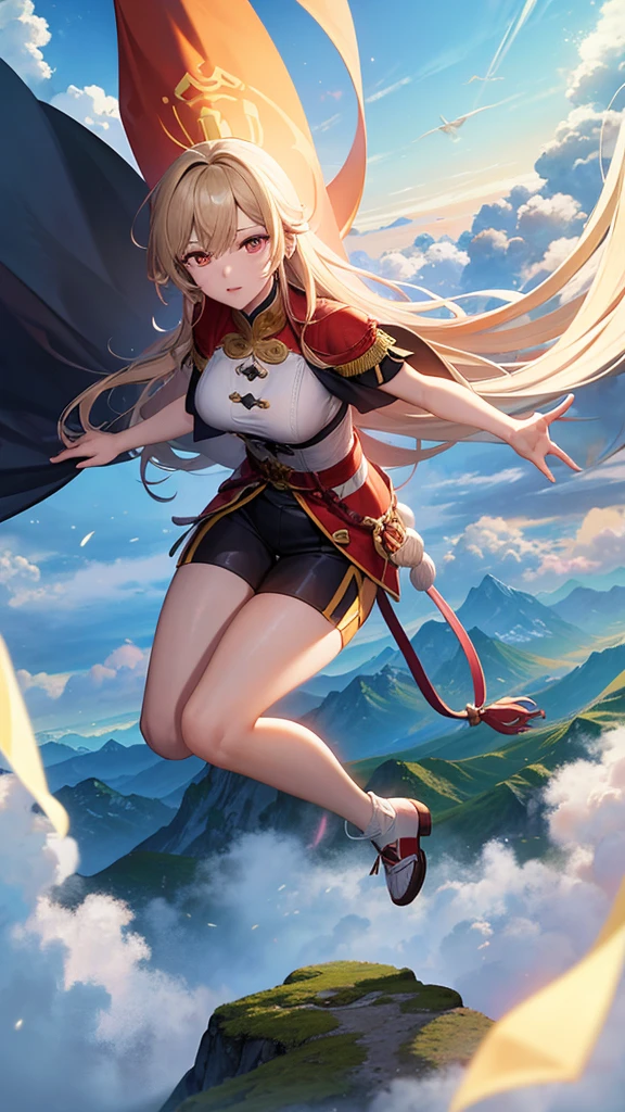 nsfw, 8k, Delicate image quality, best quality, (((blond twintails))), Red qipao, panty hose, 16 year old Beautiful girl, masterpiece, best quality, ultra detailed, Photo taken from below, outdoors, storm, lightning, leg spread,