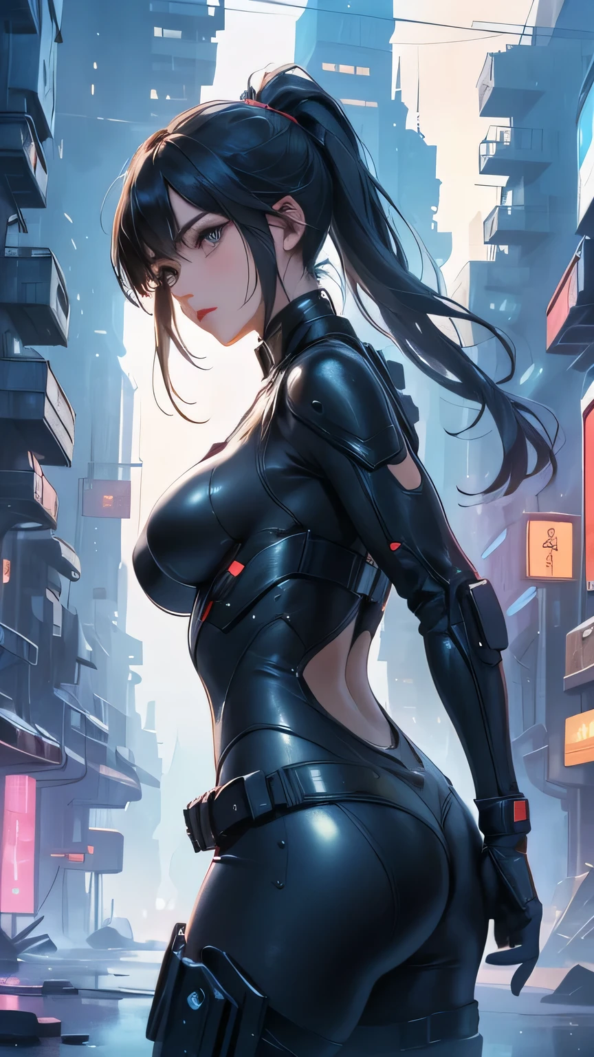 beautiful face, best quality, ultra high resnatural light, shiny skin, detailed skin, detailed face, detailed eyes, beautiful lady, split ponytail, big hair, mole under eye, A scene from a science fiction movie, background(Abandoned futuristic city), a body-hugging navy metal suit, thick belt, Bust Shot
